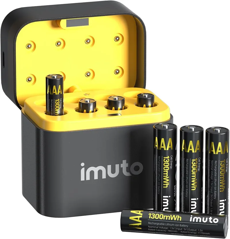 imuto ▫️ Pilhas recarregáveis AAA 1,5 V 1300 mWh Bateria de lítio de alta capacidade, mais de 2500 ciclos, com carregamento rápido, preta, carregador com ecrã LED