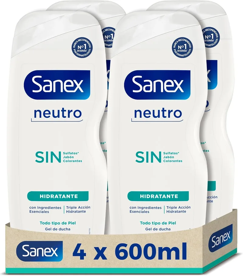 Sanex ▫️ Gel de duche hidratante neutro (4x600 ml), com ingredientes essenciais, 0% sulfatos*, 0% sabão e 0% corantes, para todos os tipos de pele, hidratação de longa duração, tecnologia de tripla ação
