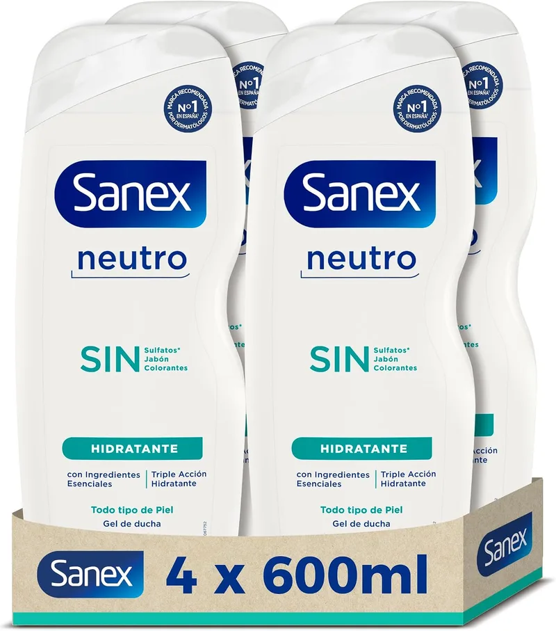 Sanex ▫️ Gel de Banho Neutro Hidratante (4x600 ml), com ingredientes essenciais, 0% de sulfatos*, 0% de sabão e 0% de corantes, para todos os tipos de pele, hidratação duradoura, tecnologia de tripla ação