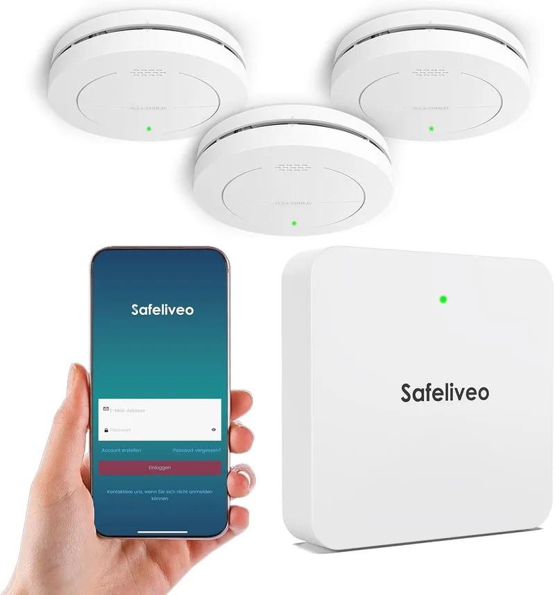 Safeliveo ▫️ Detetor de fumo interligado por WiFi, detetor de fumo com bateria de 10 anos, conjunto de 3 com estação de base, certificado pela TUV Rheinland, conjunto de alarme de fumo com controlo por aplicação.