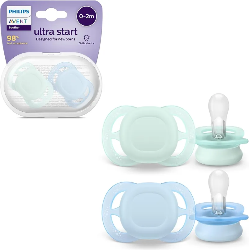 PHILIPS ▫️ Avent Ultra Start, chupetas anatómicas concebidas para recém-nascidos dos 0 aos 2 meses, tetina simétrica em silicone, sem BPA, com estojo de transporte/esterilização, embalagem de 2 unidades, SCF075/02