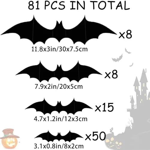LIVELYPET ▫️ Decorações de Halloween com morcegos para parede, 81 unidades, 4 tamanhos, PVC realista, resistente à água, 3D preto, morcegos assustadores, autocolantes de morcegos para o Halloween, 2