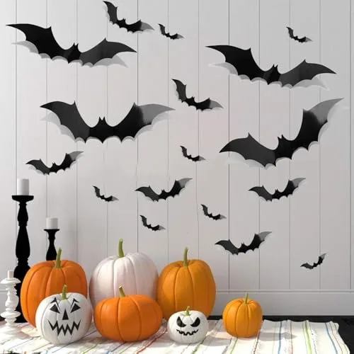 LIVELYPET ▫️ Decorações de Halloween com morcegos para parede, 81 unidades, 4 tamanhos, PVC realista, resistente à água, 3D preto, morcegos assustadores, autocolantes de morcegos para o Halloween, 4