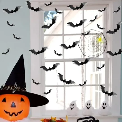 LIVELYPET ▫️ Decorações de Halloween com morcegos para parede, 81 unidades, 4 tamanhos, PVC realista, resistente à água, 3D preto, morcegos assustadores, autocolantes de morcegos para o Halloween, 6