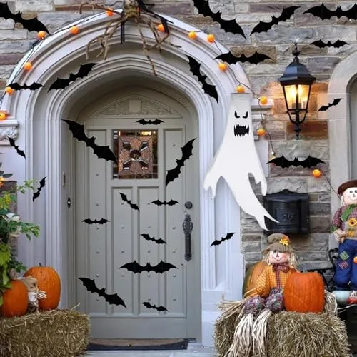 LIVELYPET ▫️ Decorações de Halloween com morcegos para parede, 81 unidades, 4 tamanhos, PVC realista, resistente à água, 3D preto, morcegos assustadores, autocolantes de morcegos para o Halloween, 7