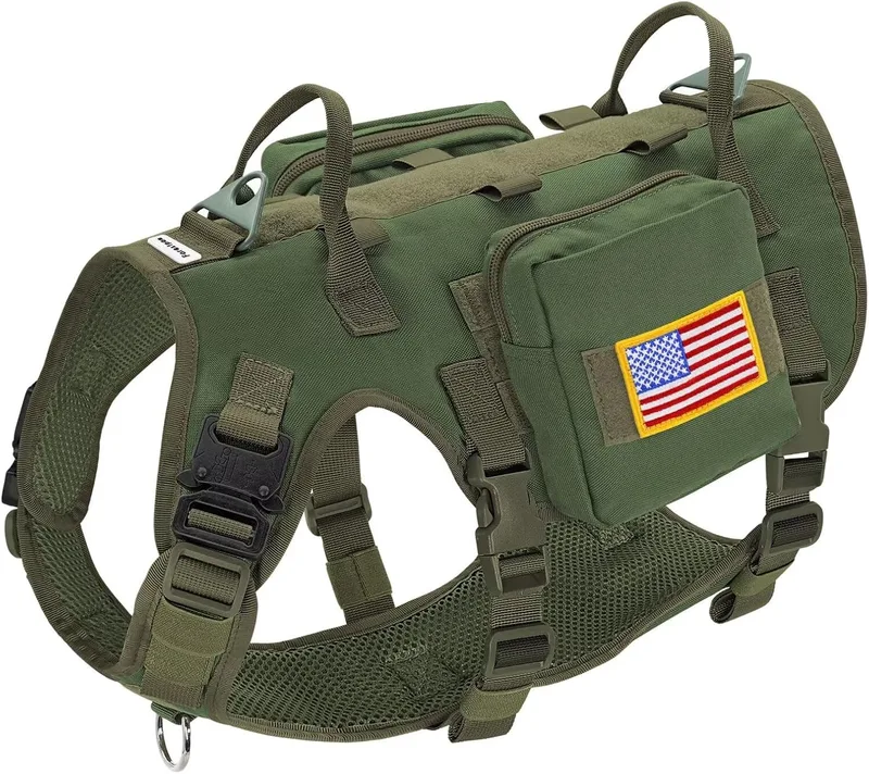 Forestpaw ▫️ Arnês tático médio para cães com pega, estilo militar sem puxão, com bolsos ajustáveis para cães médios e grandes, verde, tamanho do peito 19,5-41,5 polegadas