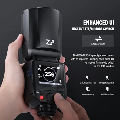 NEEWER ▫️ Z2-C 2,4G TTL Flash Speedlite com cabeça redonda, compatível com Canon, 76 Ws, 1/8000 s, flash HSS com interface de utilizador melhorada, 2 lâmpadas de modelagem, interruptor TCM rápido TTL/M, bateria de 7,2 V/3000 mAh, potência de flash de 600 2