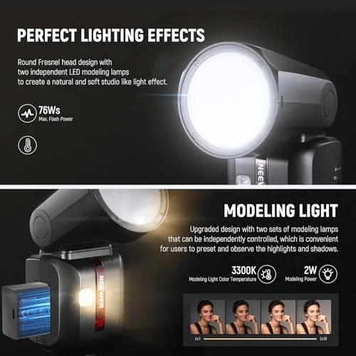 NEEWER ▫️ Z2-C 2,4G TTL Flash Speedlite com cabeça redonda, compatível com Canon, 76 Ws, 1/8000 s, flash HSS com interface de utilizador melhorada, 2 lâmpadas de modelagem, interruptor TCM rápido TTL/M, bateria de 7,2 V/3000 mAh, potência de flash de 600 3