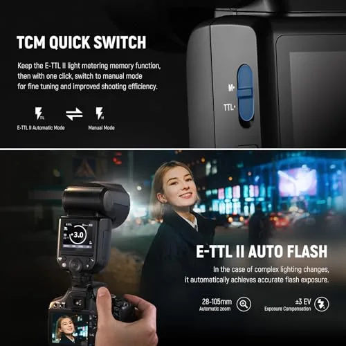 NEEWER ▫️ Z2-C 2,4G TTL Flash Speedlite com cabeça redonda, compatível com Canon, 76 Ws, 1/8000 s, flash HSS com interface de utilizador melhorada, 2 lâmpadas de modelagem, interruptor TCM rápido TTL/M, bateria de 7,2 V/3000 mAh, potência de flash de 600 4