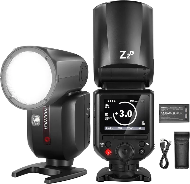 NEEWER ▫️ Z2-C 2,4G TTL Flash Speedlite com cabeça redonda, compatível com Canon, 76 Ws, 1/8000 s, flash HSS com interface de utilizador melhorada, 2 lâmpadas de modelagem, interruptor TCM rápido TTL/M, bateria de 7,2 V/3000 mAh, potência de flash de 600