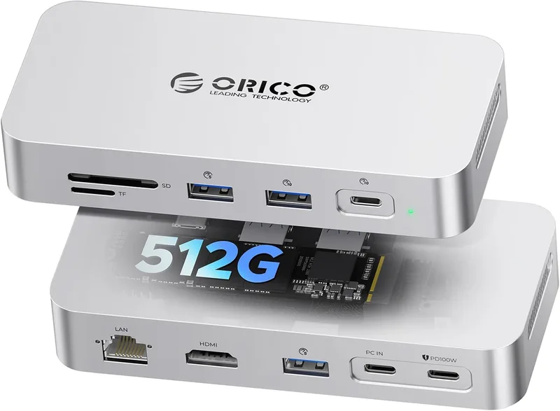 ORICO ▫️ Estação de ancoragem SSD externa de 512 GB expansão de armazenamento + extensão de interface, até 1000 MB/s, HUB USB C 10 em 1, suporte para ecrã HDMI 4K@60Hz, 100 W PD, Ethernet, SD/TF - SJ10