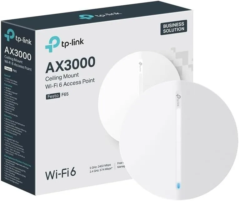 TP-Link ▫️ Festa F65 Ponto de Acesso Wi-Fi 6 de banda dupla AX3000, montagem no teto, 1 porta PoE Gigabit, gestão centralizada gratuita na nuvem, configuração e utilização fáceis, sem necessidade de intervenção de TI
