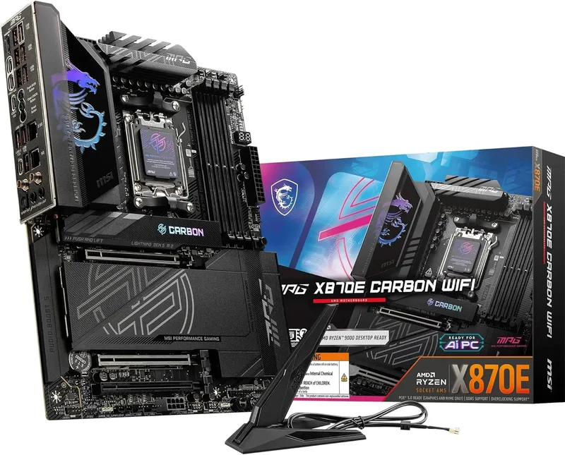 MSI ▫️ Placa-mãe MPG X870E Carbon WiFi, ATX - Compatível com processadores AMD Ryzen 9000/8000/7000, AM5-110A SPS VRM, DDR5 Memory Boost 8400+MT/s (OC), PCIe 5.0 x16 e 4.0 x16, M.2 Gen5, Wi-Fi 7, LAN 5G