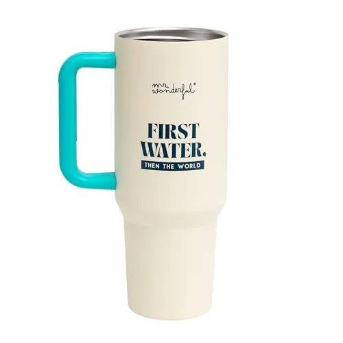 Mr. Wonderful ▫️ Caneca térmica para levar, com capacidade de 1,2 litros - Primeiro a água, depois o mundo - Caneca de aço inoxidável com parede dupla - Mantém o calor e o frio - 1,2 litros 3