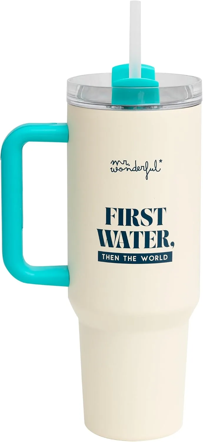 Mr. Wonderful ▫️ Caneca térmica para levar, com capacidade de 1,2 litros - Primeiro a água, depois o mundo - Caneca de aço inoxidável com parede dupla - Mantém o calor e o frio - 1,2 litros