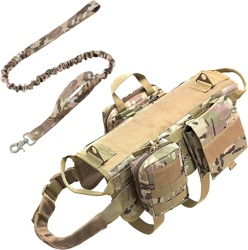 AIWAI ▫️ Arnês tático com bolsas, arnês para cães grandes e médios, arnês militar ajustável com pega, para passeios, caminhadas, treino (camuflado (com correia), tamanho M)