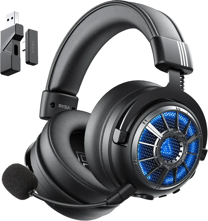 EKSA ▫️ Auscultadores sem fios para jogos E5000BT, auscultadores para jogos com Bluetooth 5.4 de baixa latência, atuador de câmara dupla, ligação de modo triplo a 2,4 GHz, iluminação RGB, 100 horas de reprodução