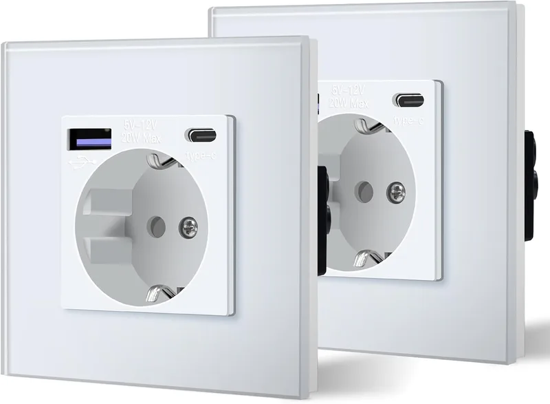 BSEED ▫️ Tomada de parede com USB de 20 W e Type-C, tomada USB-C em vidro, carregamento rápido, 3 em 1, instalação fácil, 1 tomada - embalagem com 2 unidades, 86 mm, branco