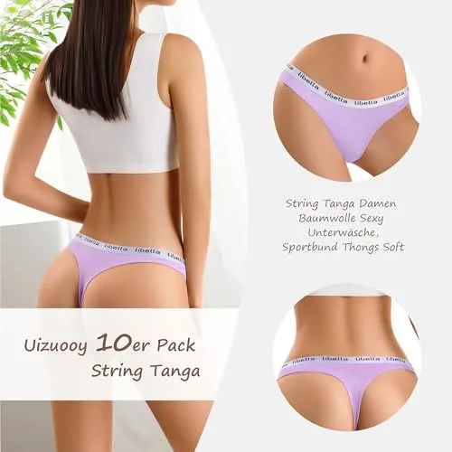 Uizuooy ▫️ Conjunto de 10 tangas para mulher - Conjunto de tangas suaves para mulher em algodão - Cuecas desportivas elásticas e respiráveis - Roupa interior - Cuecas de cintura baixa multicoloridas 3