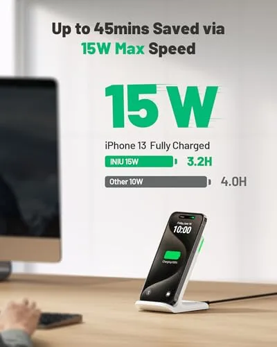 INIU ▫️ Carregador Sem Fios para iPhone, Carregador Sem Fios Rápido de 15 W com LED | Temp°Guard Exclusivo, Estação de Carregamento Rápido para iPhone 17, 16, 15 Pro MAX, Samsung S24, S23, Google Pixel 8, 7, 6, etc., Branco 2