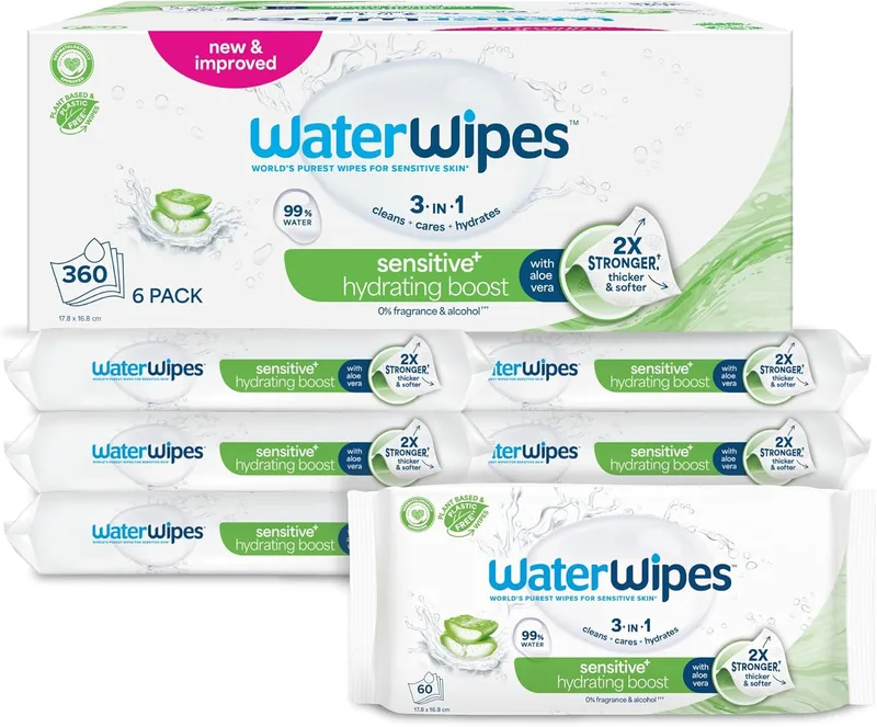 WaterWipes ▫️ Sensitive+ Toalhetes Hidratantes, Toalhetes Hidratantes, 360 unidades (embalagem de 6), 3 em 1 Limpar, Cuidar, Hidratar, 99% Água com Aloé Vera, Toalhetes sem perfume para bebés