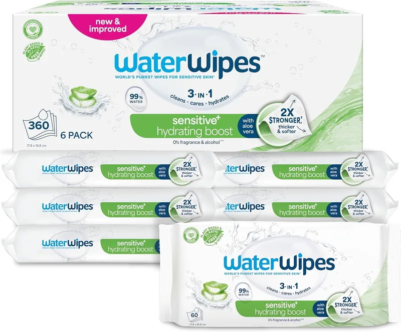 WaterWipes ▫️ Toalhitas Sensitive+ Hydrating Boost, 6 embalagens