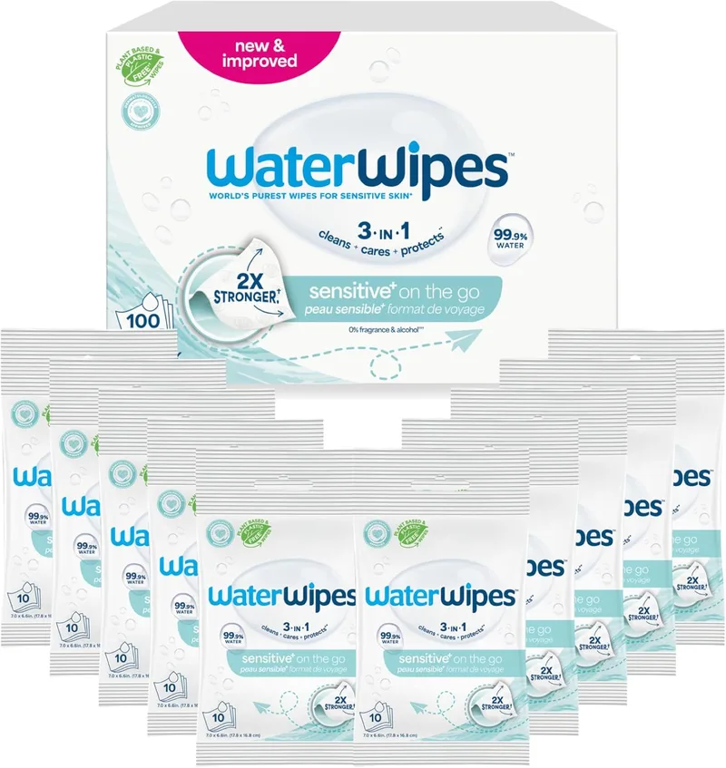 WaterWipes ▫️ Sensitive+ On The Go Wipes, Toalhitas para levar, 100 unidades (embalagem de 10), 3 em 1: Limpa, Cuida, Protege, 99,9% de água, Toalhitas húmidas sem perfume