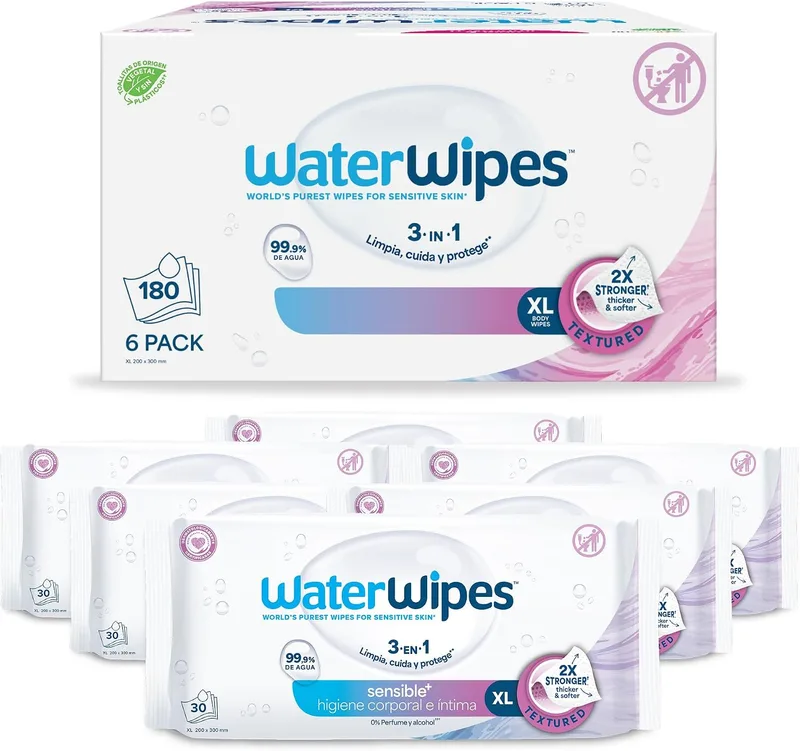 WaterWipes ▫️ Toalhitas Sensitive+ para o corpo e zonas íntimas XL, 99,9% de água, sem perfume