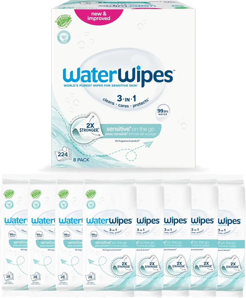 WaterWipes ▫️ Toalhitas Sensitive+ On The Go, Toalhitas para levar, 224 unidades (embalagem de 8), 3 em 1: Limpa, Cuida, Protege, 99,9% de água, Toalhitas húmidas sem perfume