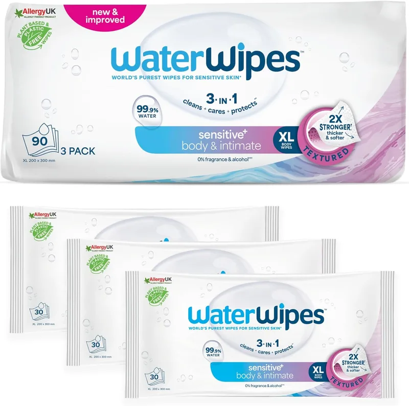 WaterWipes ▫️ Sensitive+ Toalhetes para o Corpo e Íntimo, Higiene do Corpo e Íntima, 90 toalhetes (3 embalagens), 3 em 1 Limpa, Cuida, Protege, 99,9% de água, Sem perfume, Higiene, Cuidados para adultos
