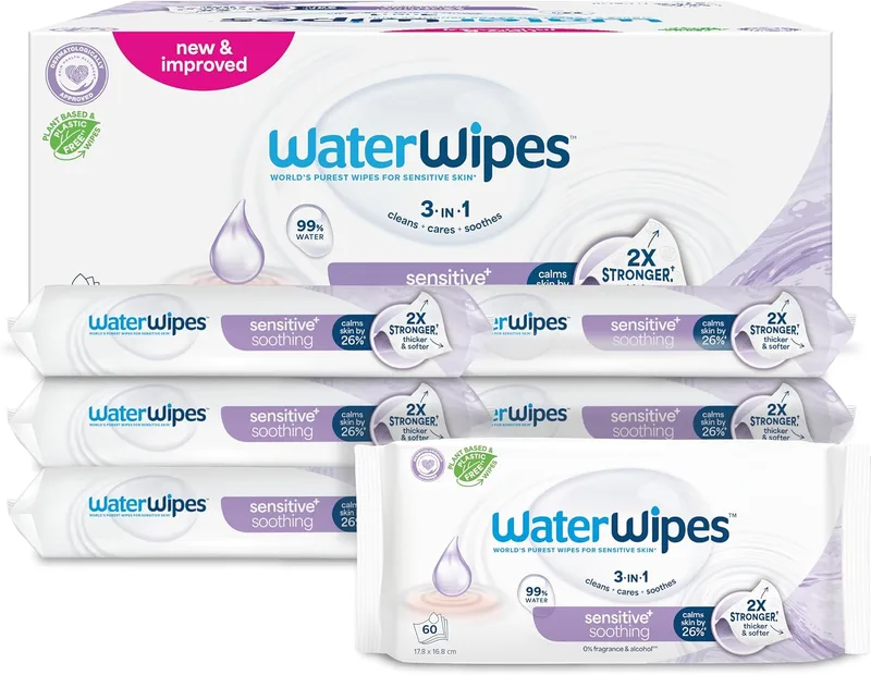 WaterWipes ▫️ Toalhitas de limpeza calmantes Sensitive+, 6 embalagens