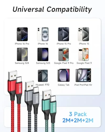 RAVIAD ▫️ Cabo USB-C de Carregamento Rápido, 2 m, Conjunto de 3, Cabo Tipo C com trança de nylon 6