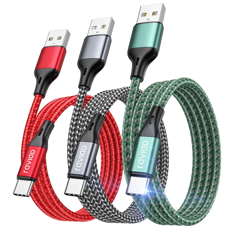 RAVIAD ▫️ Cabo USB-C de Carregamento Rápido 2 m, Conjunto de 3, Cabo Tipo C com trança de nylon | Cabo carregador USB-C 3A compatível com iPhone 17, 16, 16e, 15, Pro Max, Air, Galaxy S26, S25, S24, S23, MacBook, iPad