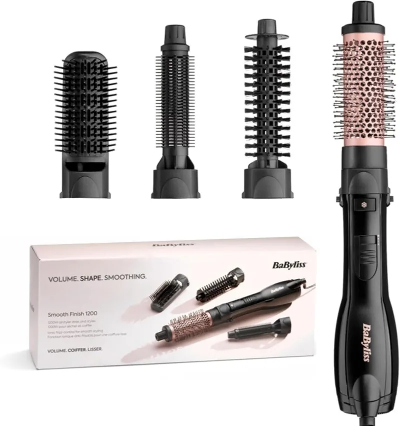 BaByliss ▫️ Smooth Finish 1200 – Escova de ar quente 4 em 1 para secar, alisar, dar volume e modelar, tecnologia iônica e cerâmica, 4 acessórios, 1200 W, preto/rosa, AS122E