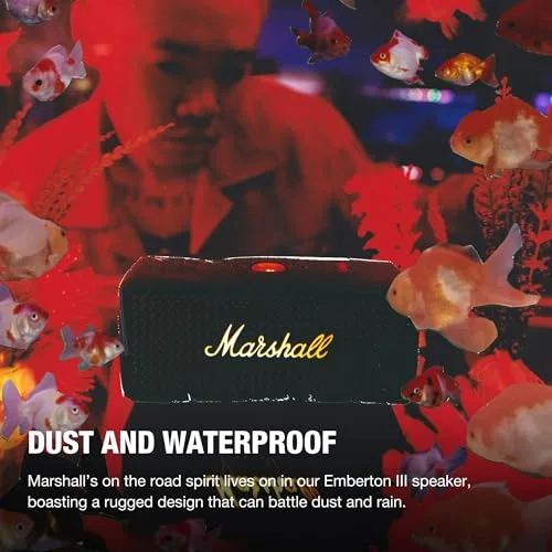 Marshall ▫️ Emberton III: Altifalantes Bluetooth portáteis, sem fios, emparelháveis, com classificação IP67 (resistentes ao pó e à água), mais de 32 horas de autonomia de reprodução – Preto e latão 5