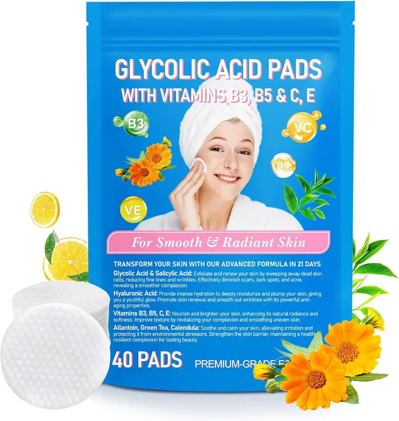 CiAIplw ▫️ Pads esfoliantes de ácido glicólico, pads de limpeza facial para manchas e acne, desbloquear poros, reduzir pontos negros, borbulhas e excesso de oleosidade, todos os tipos de pele, 40 pads