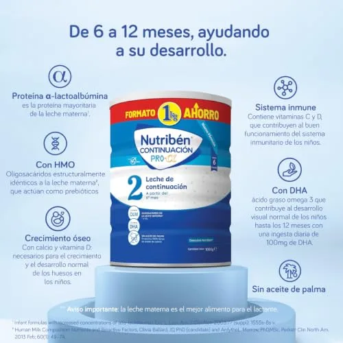 Nutribén ▫️ Continuación Pro Alfa 2 - Leite em pó de transição para bebés - Leite em pó para bebés a partir dos 6 meses - sem óleo de palma - com colher doseadora incluída - com DHA e OLM - 1 embalagem de 1 kg 3