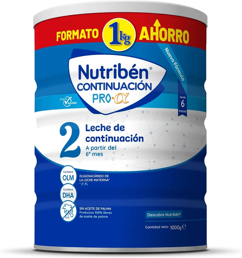 Nutribén ▫️ Continuación Pro Alfa 2 - Leite em pó de transição para bebés - Leite em pó para bebés a partir dos 6 meses - sem óleo de palma - com colher doseadora incluída - com DHA e OLM - 1 embalagem de 1 kg