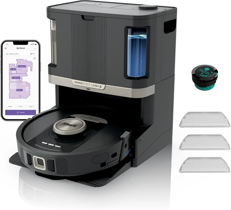 Shark ▫️ Aspirador e esfregona robô 2 em 1 PowerDetect, base NeverTouch Pro com limpeza automática, carregamento e esvaziamento, 60 dias, navegação 3D e LiDAR, NeverStuck, WiFi/App, preto, RV2800ZEEU