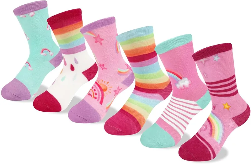 Queenshin ▫️ 6 pares de meias para meninas: unicórnio, arco-íris, estrelas, desenhos animados; meias curtas, macias e confortáveis; ideais para presente; 3-14 anos; tamanhos 25-38
