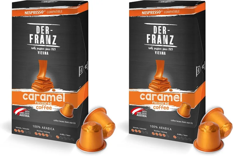 Der-Franz ▫️ Cápsulas de café compatíveis com Nespresso, 1 x 10 cápsulas, com sabor a Carameloo (Embalagem de 2)