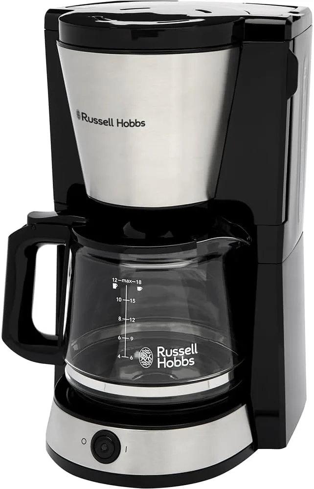 Russell Hobbs ▫️ Cafeteira de gotejamento jarro de vidro de 1,25 l, 10 chávenas, manter quente 40 min, função pausa para servir, aço inoxidável escovado, iluminação azul, Heaton 27400-56