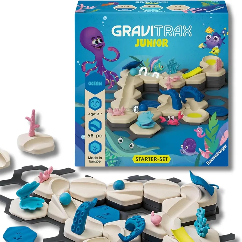 Ravensburger ▫️ Gravitrax Starter Junior Ocean : Anel de mármore com 58 peças : Puzzle infantil com berlindes : Jogos para crianças de 3 anos : Jogos de tabuleiro Compatível com todos os Gravitrax