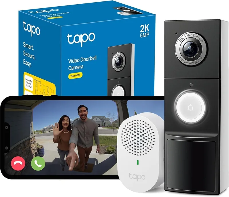 Tapo ▫️ D235 - Campainha inteligente com câmara 2K 5MP, visão nocturna a cores, áudio bidirecional, deteção inteligente, alimentada por bateria ou cabo, resistente a IP66