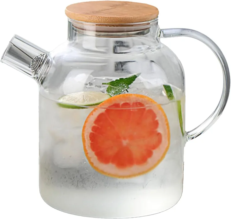 TOPINCN ▫️ Jarro de vidro com tampa, jarro de água de 1,8 litros e 61 oz, jarro de água de vidro resistente ao calor com pega para bebidas frias e quentes, jarro de vidro para o frigorífico com