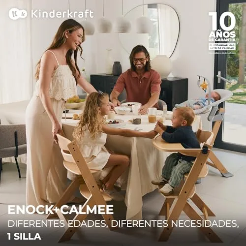Kinderkraft ▫️ ENOCK Cadeira de bebé em madeira + Espreguiçadeira CALMEE, portátil, para crianças, cadeira alta infantil, evolutiva, ergonómica, com barreira e tabuleiro, cinzenta 2