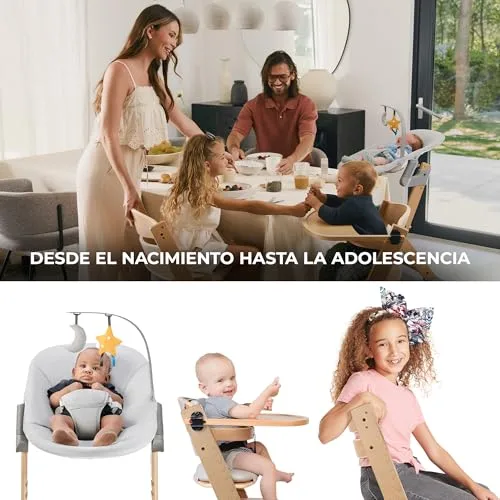 Kinderkraft ▫️ ENOCK Cadeira de bebé em madeira + Espreguiçadeira CALMEE, portátil, para crianças, cadeira alta infantil, evolutiva, ergonómica, com barreira e tabuleiro, cinzenta 3