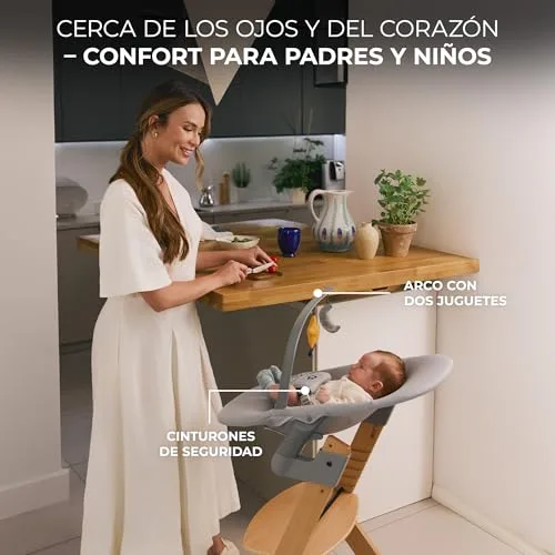 Kinderkraft ▫️ ENOCK Cadeira de bebé em madeira + Espreguiçadeira CALMEE, portátil, para crianças, cadeira alta infantil, evolutiva, ergonómica, com barreira e tabuleiro, cinzenta 4