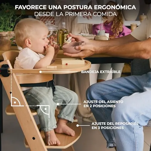 Kinderkraft ▫️ ENOCK Cadeira de bebé em madeira + Espreguiçadeira CALMEE, portátil, para crianças, cadeira alta infantil, evolutiva, ergonómica, com barreira e tabuleiro, cinzenta 5
