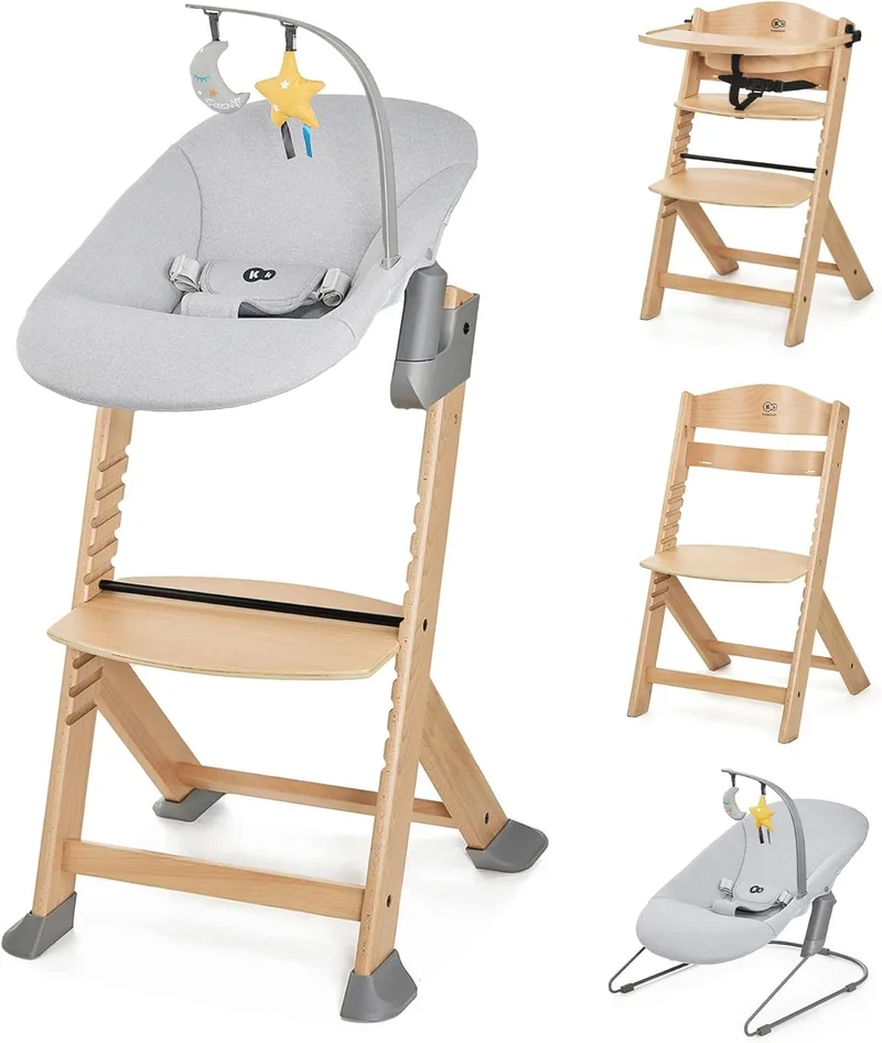 Kinderkraft ▫️ ENOCK Cadeira de bebé em madeira + Espreguiçadeira CALMEE, portátil, para crianças, cadeira alta infantil, evolutiva, ergonómica, com barreira e tabuleiro, cinzenta